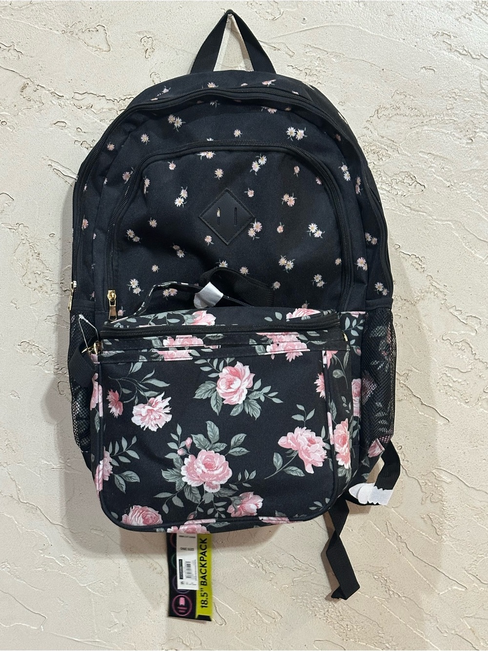 No Boundaries 18.5” Black/Pink Roses Floral Backpack with Matching Lunch Box NEW